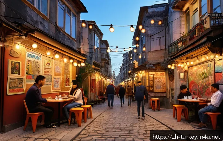 튀르키예 여행 중 현지인 인터뷰 - A vibrant street scene in Istanbul&rsquo;s Beyoğlu district during early evening, featuring narrow cobbles...