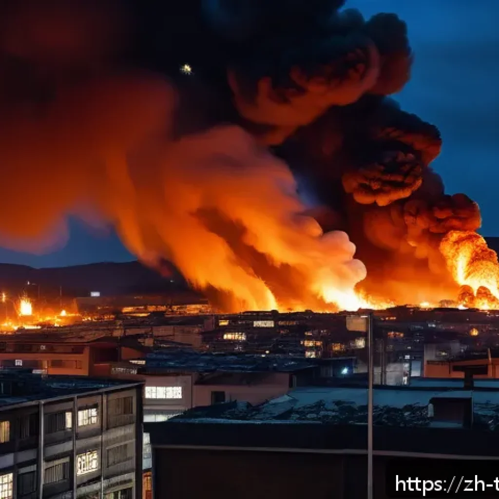 튀르키예에서 발생한 주요 사건사고 - A dramatic nighttime industrial accident scene in a Turkish factory district, showing thick black sm...