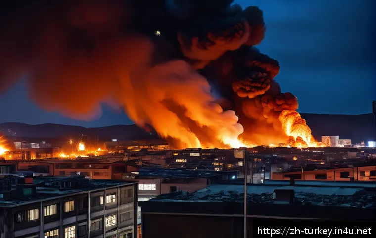 튀르키예에서 발생한 주요 사건사고 - A dramatic nighttime industrial accident scene in a Turkish factory district, showing thick black sm...