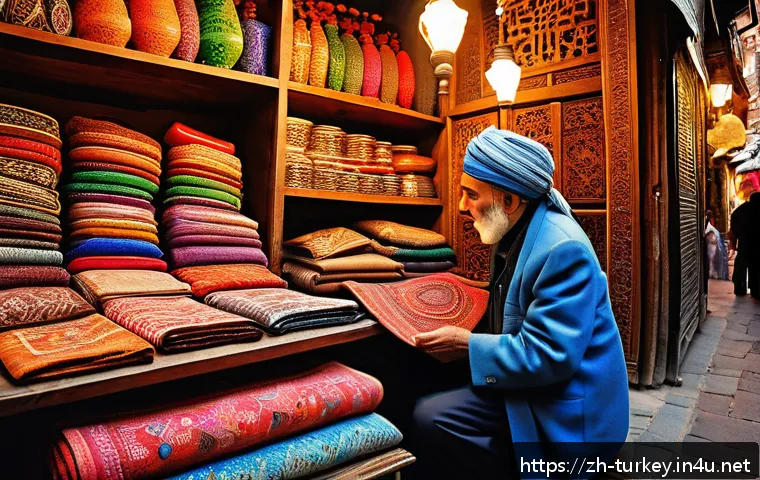 튀르키예 민속 마켓 탐방 - A vibrant Turkish folk market scene in Istanbul&rsquo;s Grand Bazaar, featuring an elderly artisan careful...
