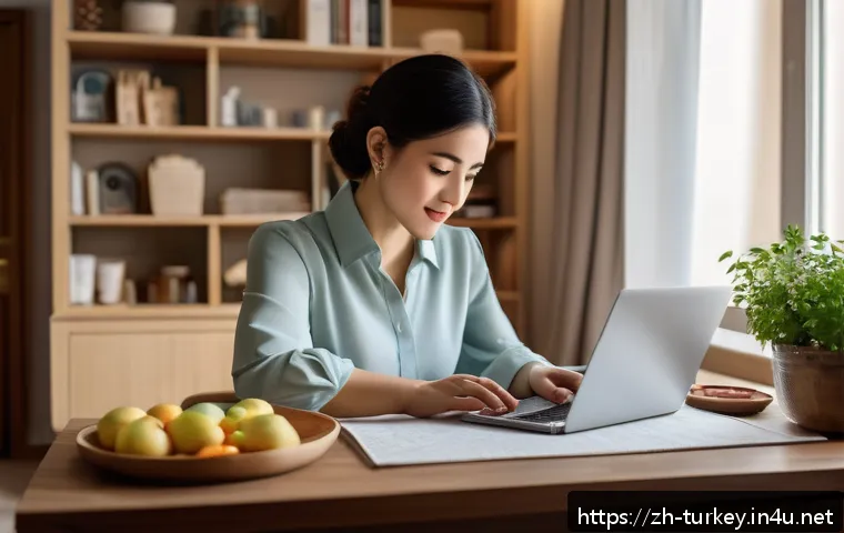 튀르키예 여성의 지위와 역할 - A modern Turkish woman balancing work and family life in a cozy home office setting, dressed in prof...