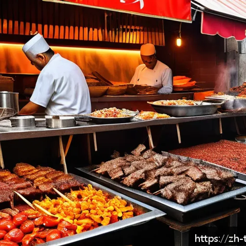 튀르키예 국민 음식과 음료 - A vibrant street scene in Istanbul showcasing a sizzling Turkish kebab grill with skewers of marinat...