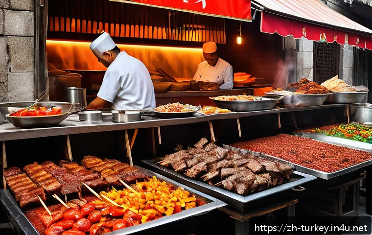 튀르키예 국민 음식과 음료 - A vibrant street scene in Istanbul showcasing a sizzling Turkish kebab grill with skewers of marinat...