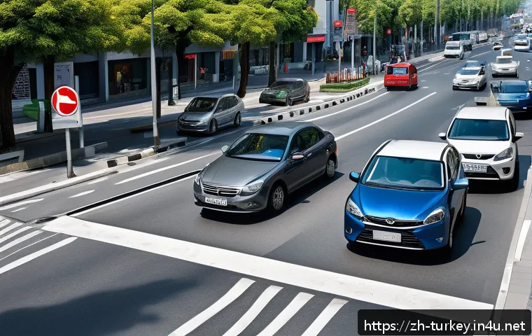 튀르키예 여행 중 교통사고 대처법 - A detailed urban Turkish traffic scene during daylight, showing a modern city street with clear traf...