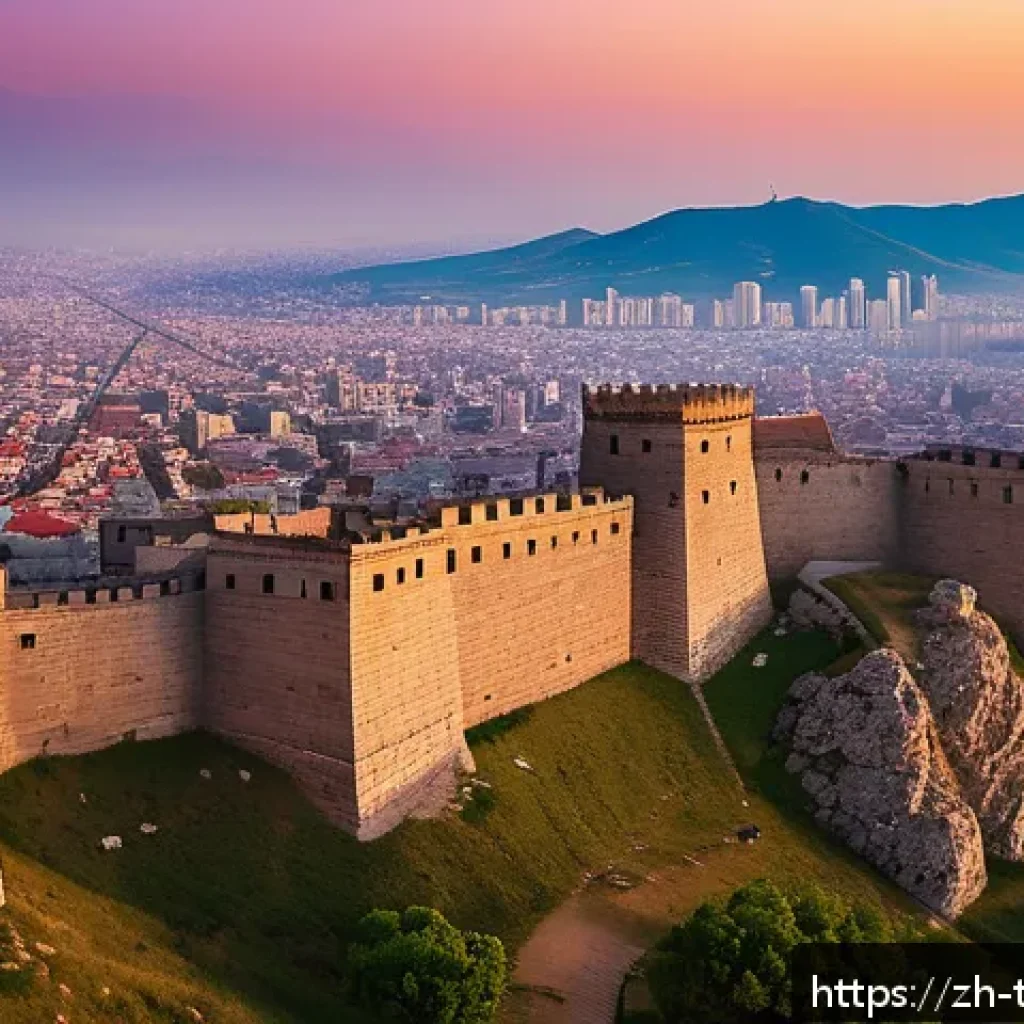 튀르키예의 주요 유적지 가이드 - A panoramic view from the ancient Ankara Castle at sunset, showcasing the rugged stone walls and wat...