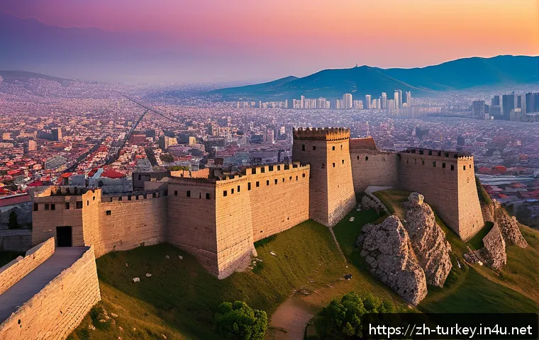 튀르키예의 주요 유적지 가이드 - A panoramic view from the ancient Ankara Castle at sunset, showcasing the rugged stone walls and wat...