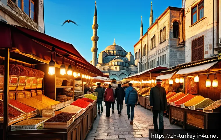 튀르키예 주요 관광지와 시간 관리법 - A vibrant street scene in Istanbul&rsquo;s historic Sultanahmet district during early morning, featuring t...