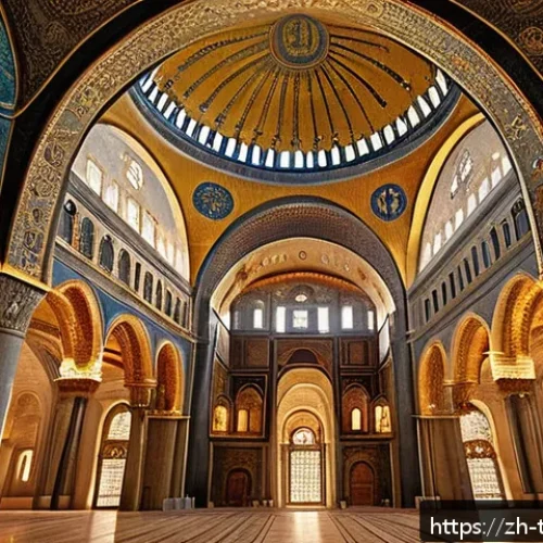 튀르키예의 건축사와 혁신 사례 - A majestic Byzantine cathedral interior inspired by Hagia Sophia, featuring intricate mosaic decorat...