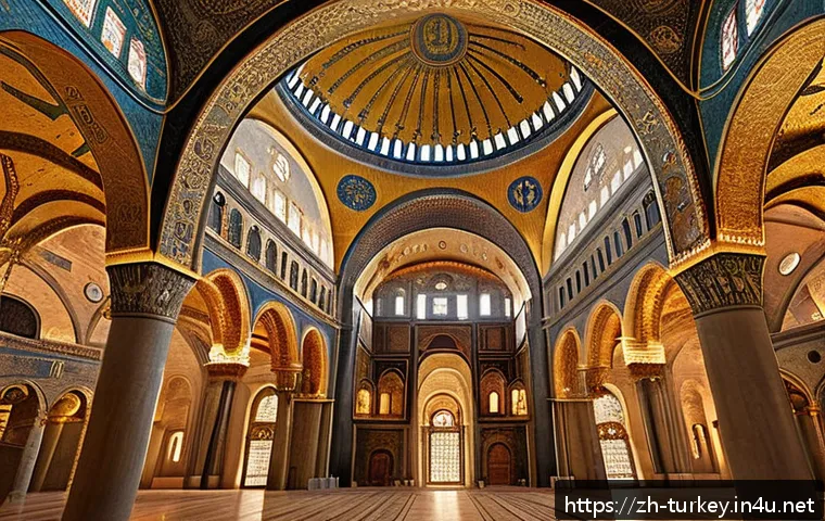 튀르키예의 건축사와 혁신 사례 - A majestic Byzantine cathedral interior inspired by Hagia Sophia, featuring intricate mosaic decorat...