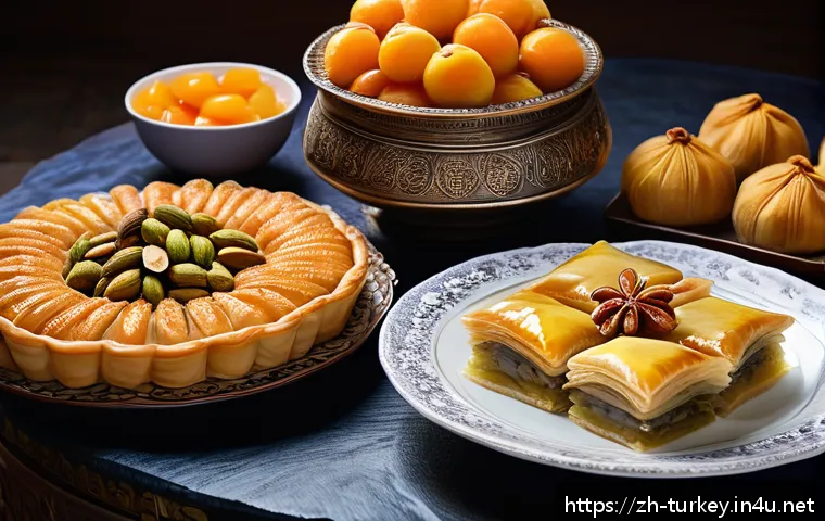 튀르키예의 전통적 명절 요리 - A festive Turkish holiday table beautifully arranged with traditional desserts such as baklava featu...