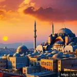 튀르키예에서의 도시별 특색 - A stunning panoramic view of Istanbul at sunset featuring the iconic Hagia Sophia and the Blue Mosqu...