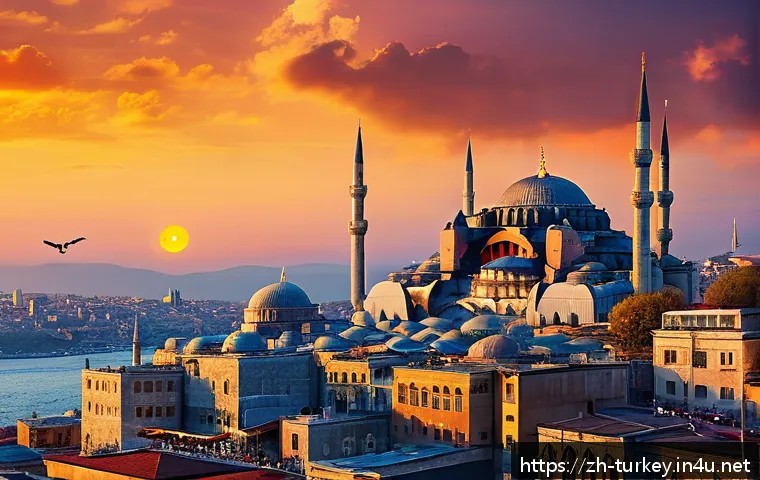 튀르키예에서의 도시별 특색 - A stunning panoramic view of Istanbul at sunset featuring the iconic Hagia Sophia and the Blue Mosqu...