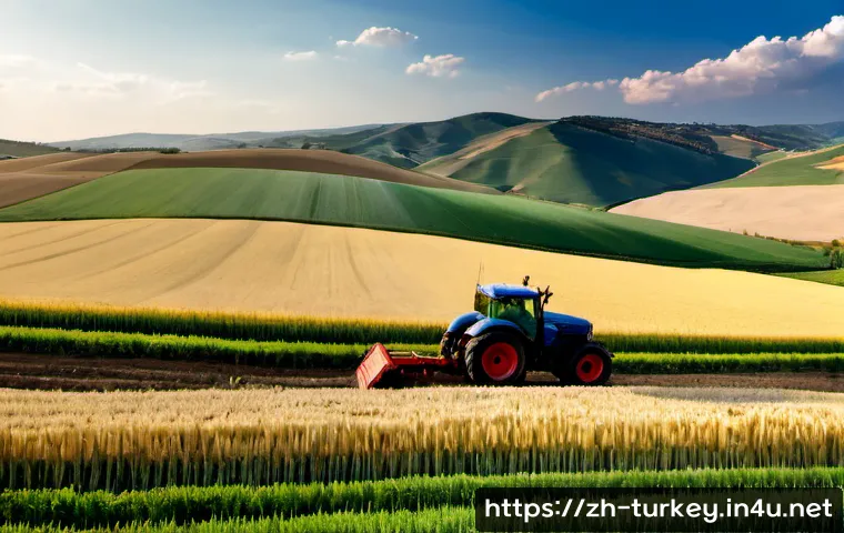 튀르키예의 농업 및 농산물 - Photorealistic panoramic view of Turkish agriculture in central Anatolia, golden wheat fields stretc...