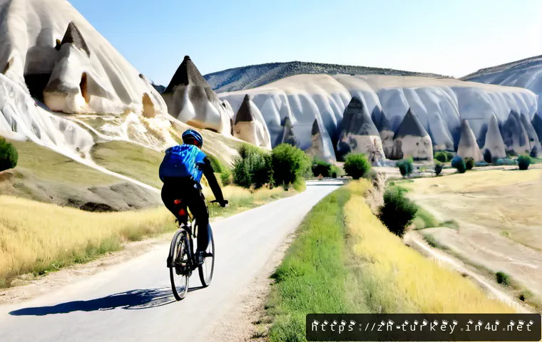 튀르키예에서의 자전거 투어 - Photorealistic cycling tour in Cappadocia, Türkiye, an adult cyclist in modest outdoor clothing and ...