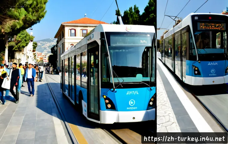튀르키예 도시별 교통비 비교 - Photorealistic split-scene comparison of public transportation in Istanbul and Antalya, Istanbul sid...